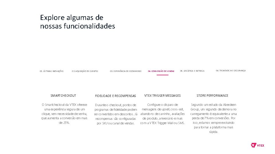 Explore algumas de nossas funcionalidades 01. ÚLTIMAS INOVAÇÕES 02. AQUISIÇÃO DE CLIENTES SMARTCHECKOUT O