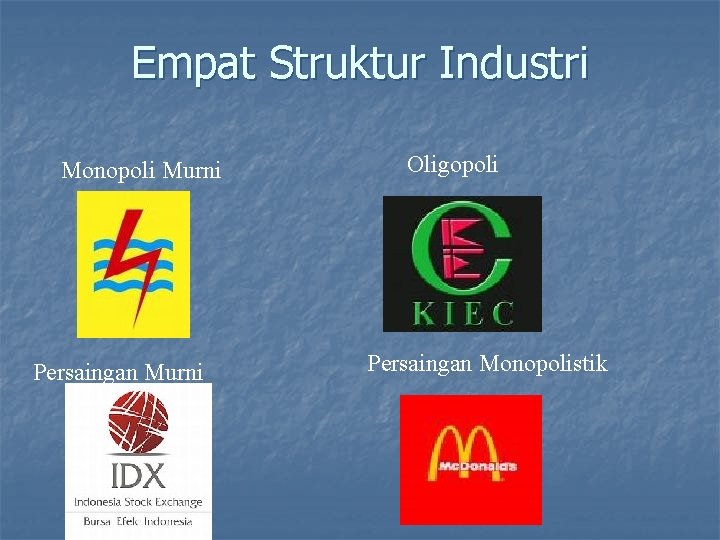 Empat Struktur Industri Monopoli Murni Persaingan Murni Oligopoli Persaingan Monopolistik 