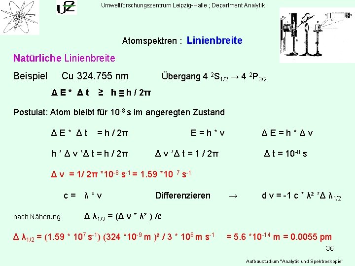 Umweltforschungszentrum Leipzig-Halle ; Department Analytik Atomspektren : Linienbreite Natürliche Linienbreite Beispiel Cu 324. 755