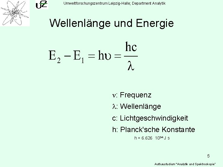 Umweltforschungszentrum Leipzig-Halle; Department Analytik Wellenlänge und Energie : Frequenz : Wellenlänge c: Lichtgeschwindigkeit h: