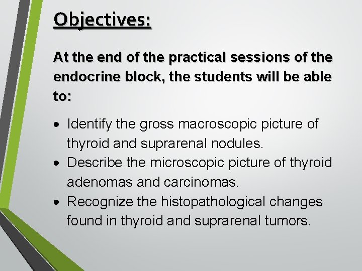 Objectives: At the end of the practical sessions of the endocrine block, the students