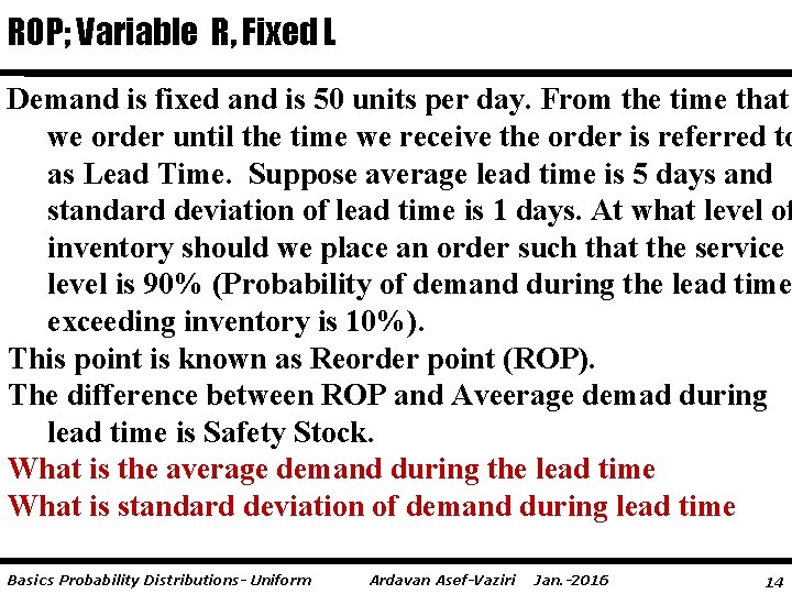 ROP; Variable R, Fixed L Demand is fixed and is 50 units per day.