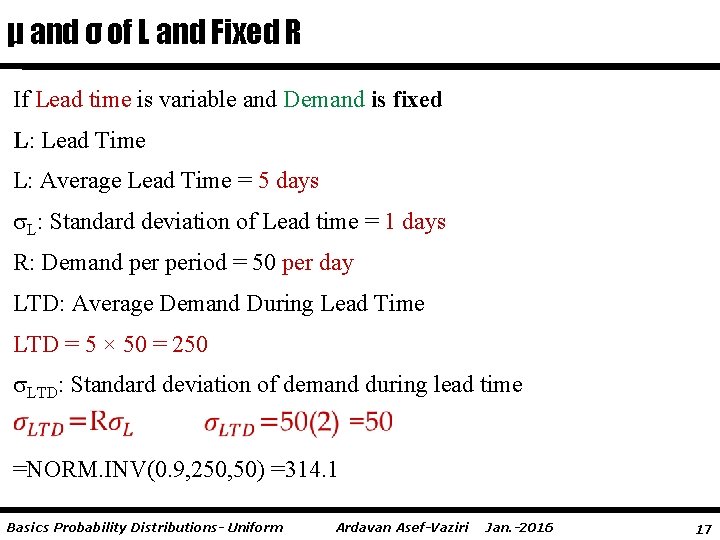 μ and σ of L and Fixed R If Lead time is variable and