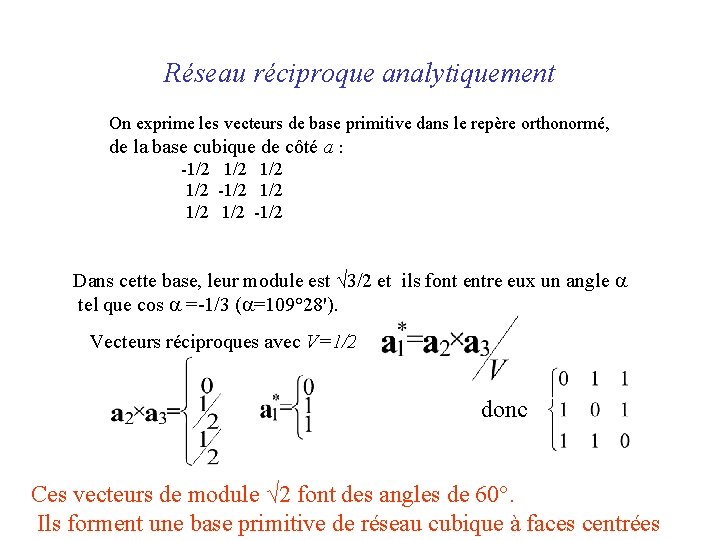 Réseau réciproque analytiquement On exprime les vecteurs de base primitive dans le repère orthonormé,