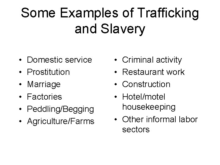 Some Examples of Trafficking and Slavery • • • Domestic service Prostitution Marriage Factories