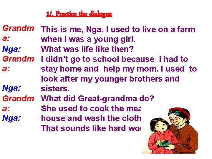 1/. Practice the dialogue Grandm a: Nga: Grandm a: This is me, Nga. I