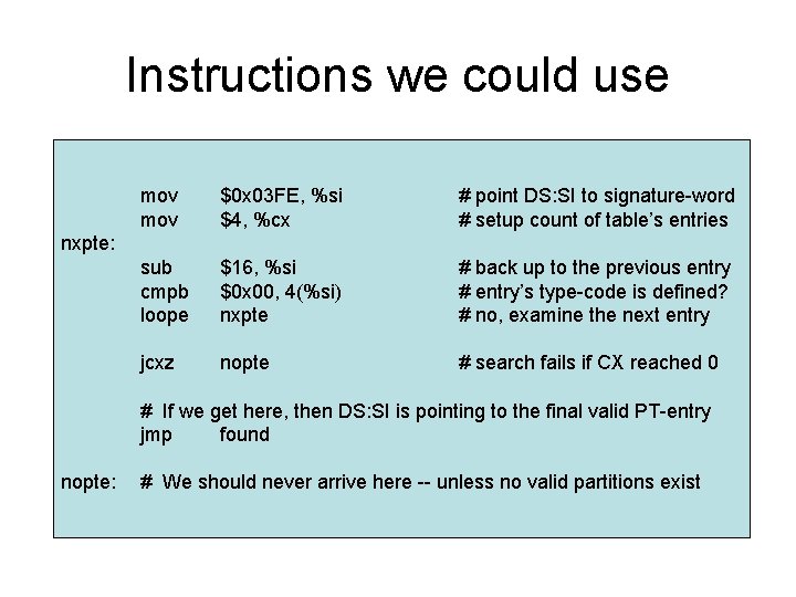 Instructions we could use mov $0 x 03 FE, %si $4, %cx # point