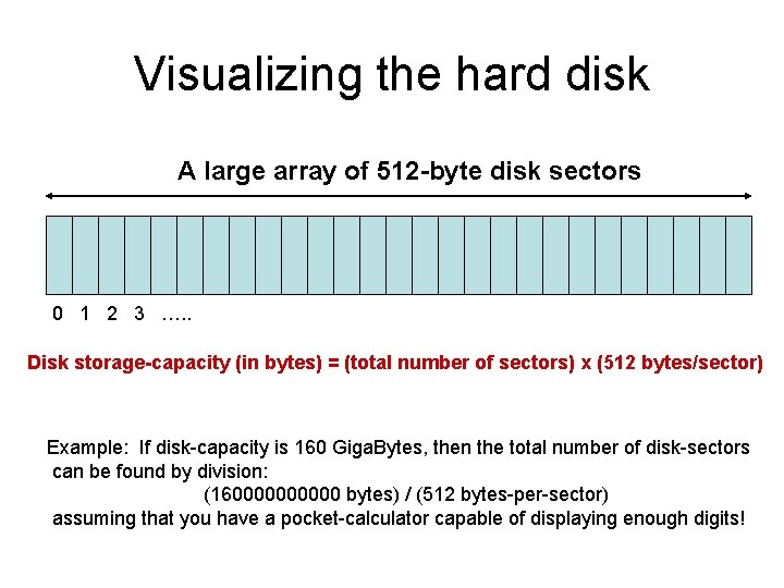 Visualizing the hard disk A large array of 512 -byte disk sectors 0 1