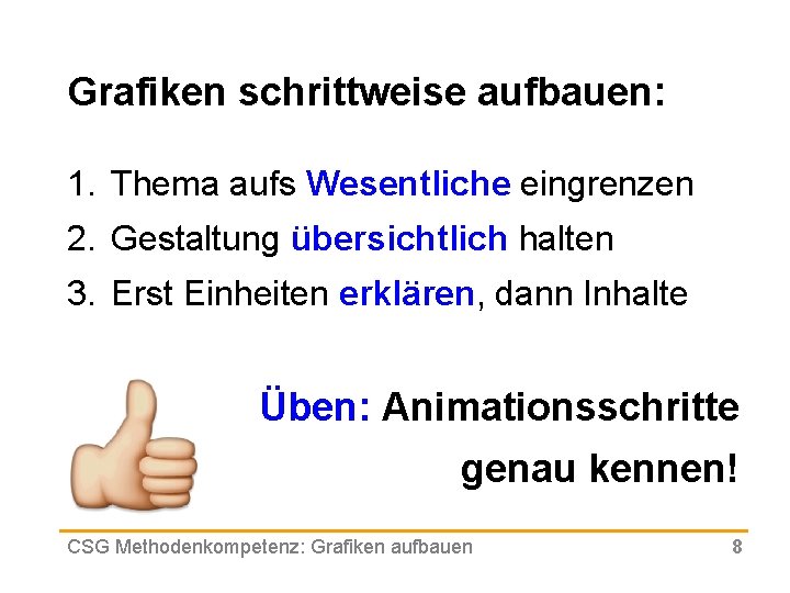 Grafiken schrittweise aufbauen: 1. Thema aufs Wesentliche eingrenzen 2. Gestaltung übersichtlich halten 3. Erst