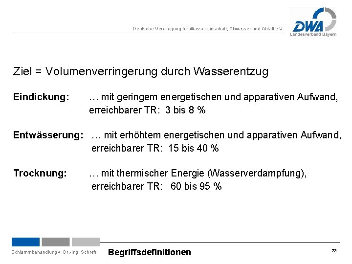 Deutsche Vereinigung für Wasserwirtschaft, Abwasser und Abfall e. V. Ziel = Volumenverringerung durch Wasserentzug