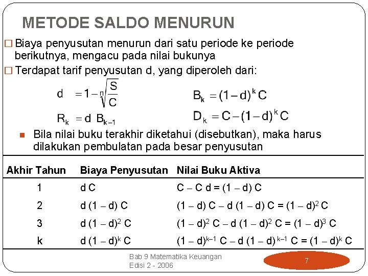 METODE SALDO MENURUN � Biaya penyusutan menurun dari satu periode ke periode berikutnya, mengacu