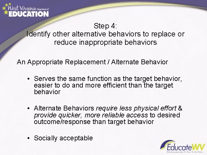 Step 4: Identify other alternative behaviors to replace or reduce inappropriate behaviors An Appropriate