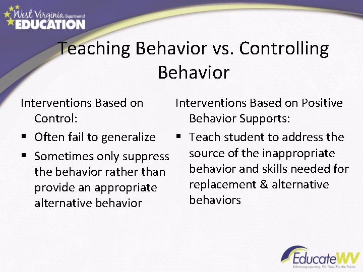 Teaching Behavior vs. Controlling Behavior Interventions Based on Positive Control: Behavior Supports: § Often