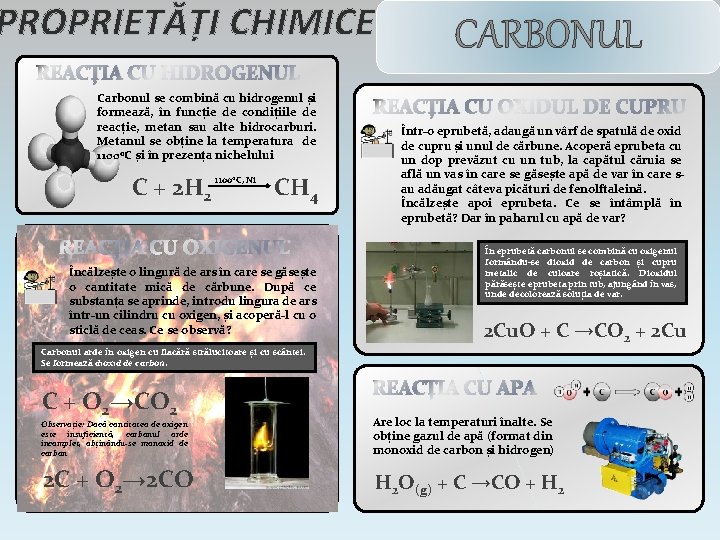 PROPRIETĂȚI CHIMICE REACȚIA CU HIDROGENUL Carbonul se combină cu hidrogenul și formează, în funcție