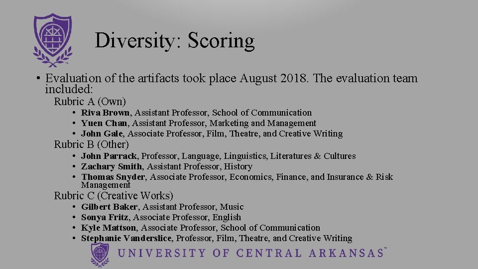 Diversity: Scoring • Evaluation of the artifacts took place August 2018. The evaluation team