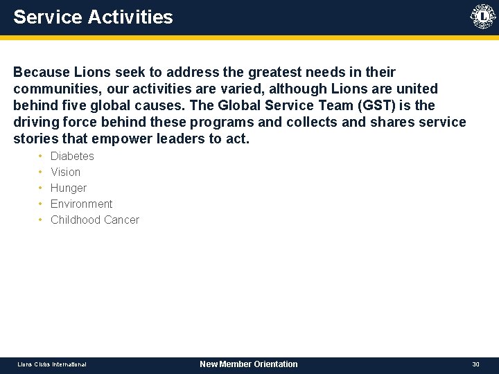 Service Activities Because Lions seek to address the greatest needs in their communities, our