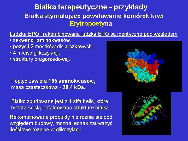 Białka terapeutyczne - przykłady Białka stymulujące powstawanie komórek krwi Erytropoetyna Ludzka EPO i rekombinowana