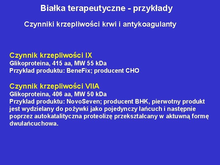 Białka terapeutyczne - przykłady Czynniki krzepliwości krwi i antykoagulanty Czynnik krzepliwości IX Glikoproteina, 415