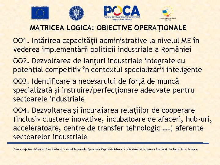 MATRICEA LOGICA: OBIECTIVE OPERAȚIONALE OO 1. Intărirea capacității administrative la nivelul ME în vederea
