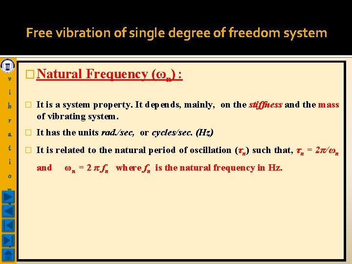 Free vibration of single degree of freedom system v � Natural Frequency (ωn) :