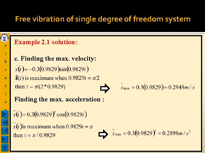 Free vibration of single degree of freedom system v i b Example 2. 1
