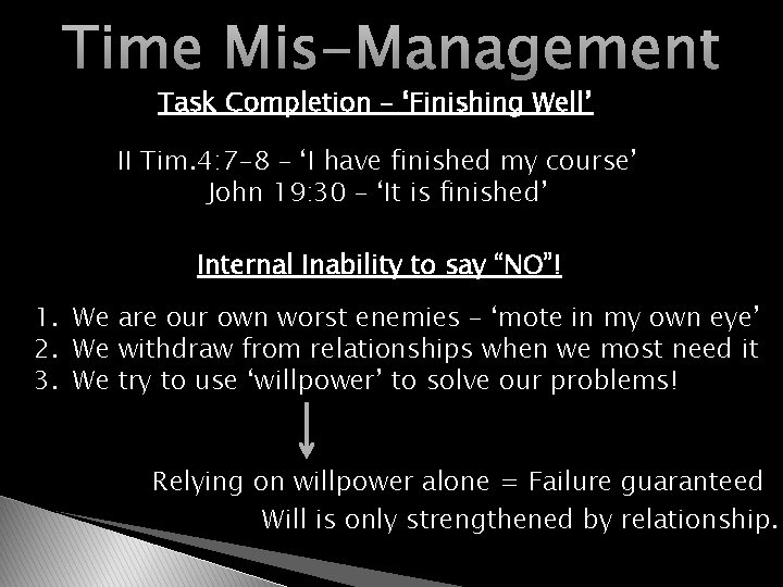 Time Mis-Management Task Completion – ‘Finishing Well’ II Tim. 4: 7 -8 – ‘I