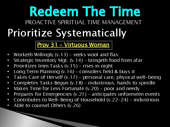 Redeem The Time PROACTIVE SPIRITUAL TIME MANAGEMENT Prioritize Systematically Prov 31 – Virtuous Woman
