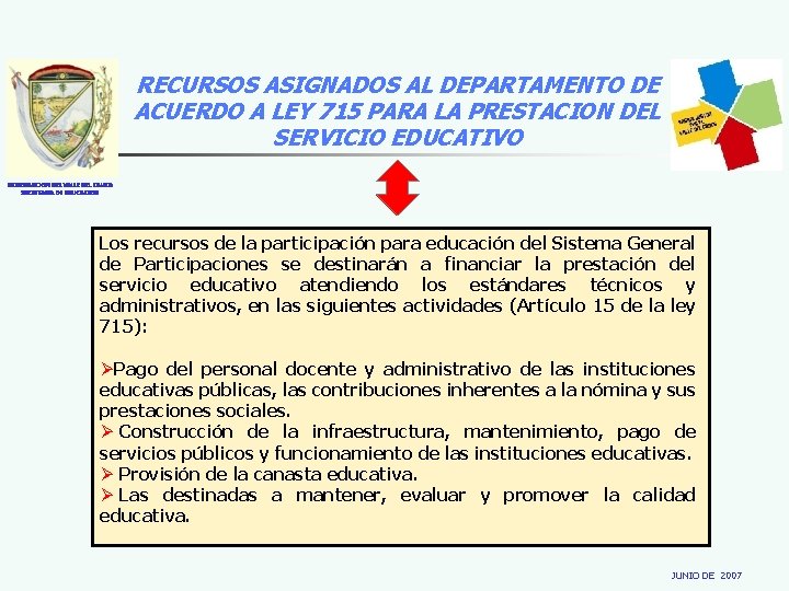 RECURSOS ASIGNADOS AL DEPARTAMENTO DE ACUERDO A LEY 715 PARA LA PRESTACION DEL SERVICIO