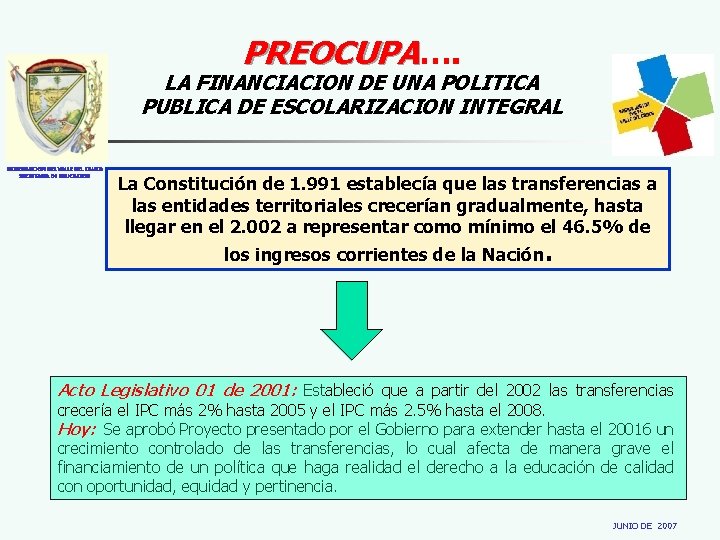 PREOCUPA…. LA FINANCIACION DE UNA POLITICA PUBLICA DE ESCOLARIZACION INTEGRAL GOBERNACION DEL VALLE DEL