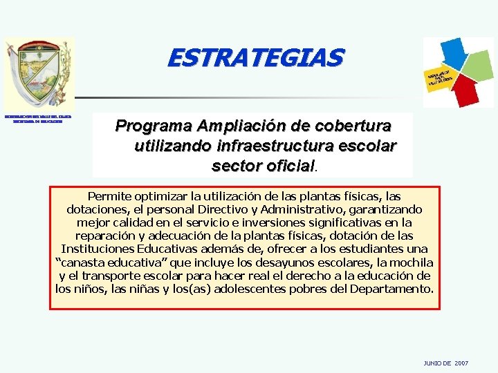 ESTRATEGIAS GOBERNACION DEL VALLE DEL CAUCA SECRETARIA DE EDUCACION Programa Ampliación de cobertura utilizando