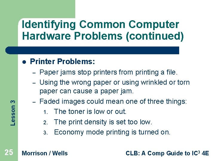 Identifying Common Computer Hardware Problems (continued) l Printer Problems: – Lesson 3 – 25