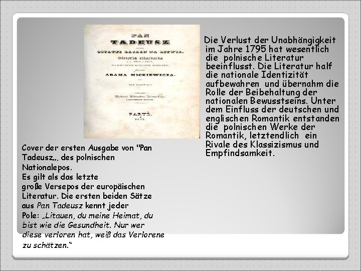 Cover der ersten Ausgabe von "Pan Tadeusz„, des polnischen Nationalepos. Es gilt als das