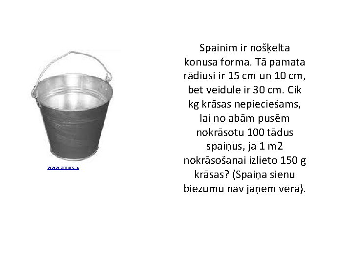 www. amurs. lv Spainim ir nošķelta konusa forma. Tā pamata rādiusi ir 15 cm