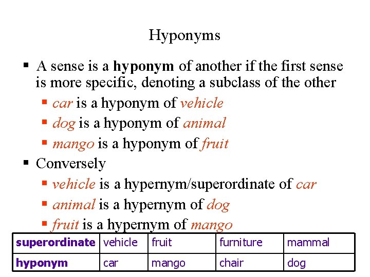 Hyponyms § A sense is a hyponym of another if the first sense is