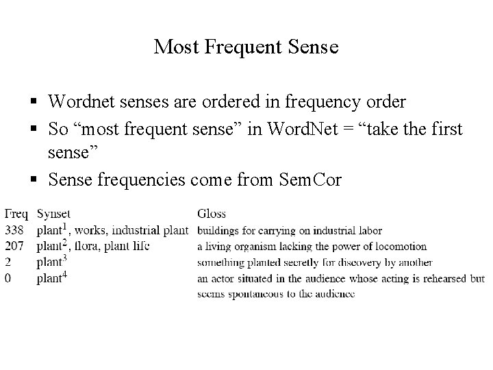 Most Frequent Sense § Wordnet senses are ordered in frequency order § So “most