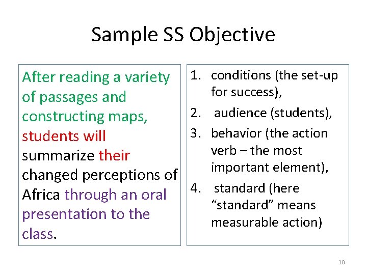 Sample SS Objective After reading a variety of passages and constructing maps, students will