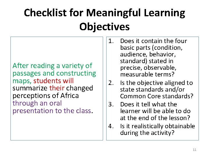 Checklist for Meaningful Learning Objectives After reading a variety of passages and constructing maps,