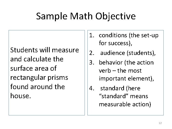 Sample Math Objective Students will measure and calculate the surface area of rectangular prisms