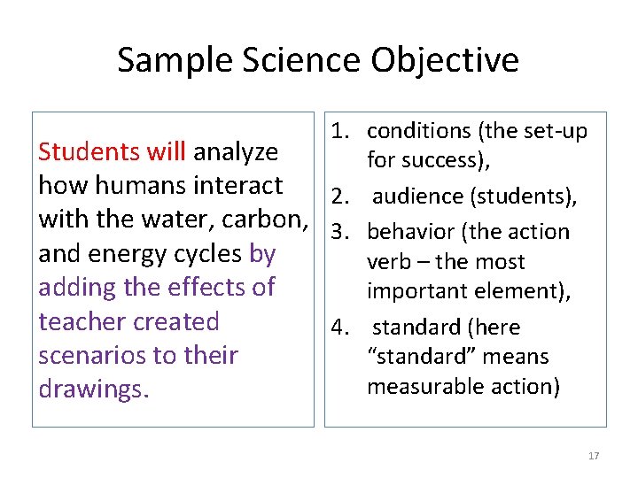 Sample Science Objective 1. conditions (the set-up Students will analyze for success), how humans