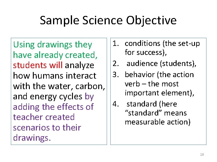 Sample Science Objective Using drawings they have already created, students will analyze how humans