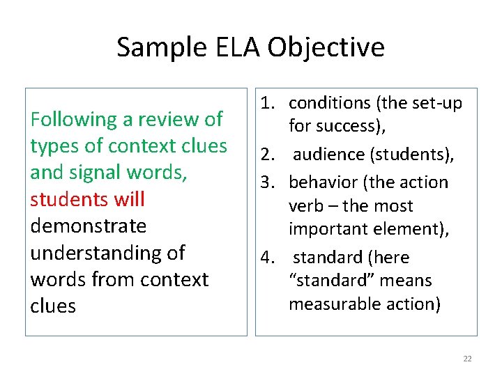 Sample ELA Objective Following a review of types of context clues and signal words,