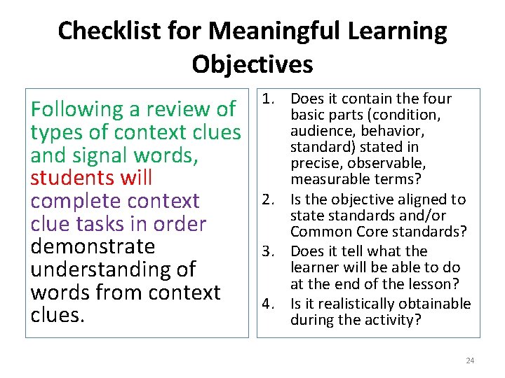 Checklist for Meaningful Learning Objectives Following a review of types of context clues and