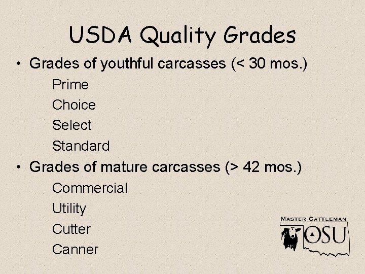 USDA Quality Grades • Grades of youthful carcasses (< 30 mos. ) Prime Choice