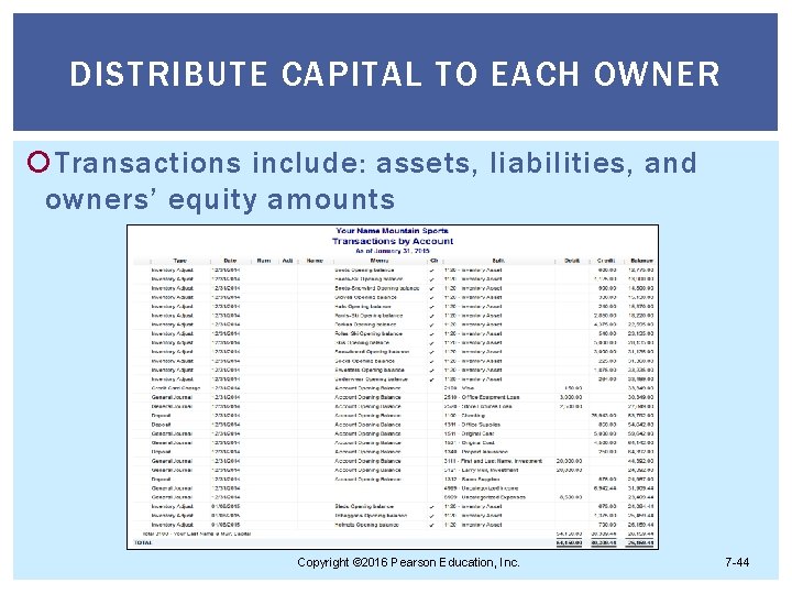 DISTRIBUTE CAPITAL TO EACH OWNER Transactions include: assets, liabilities, and owners’ equity amounts Copyright