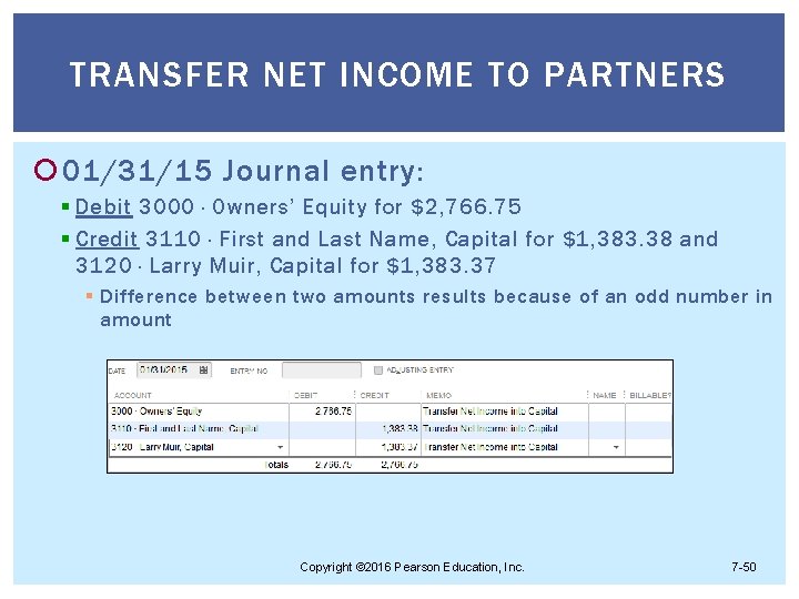 TRANSFER NET INCOME TO PARTNERS 01/31/15 Journal entry: § Debit 3000 · Owners’ Equity