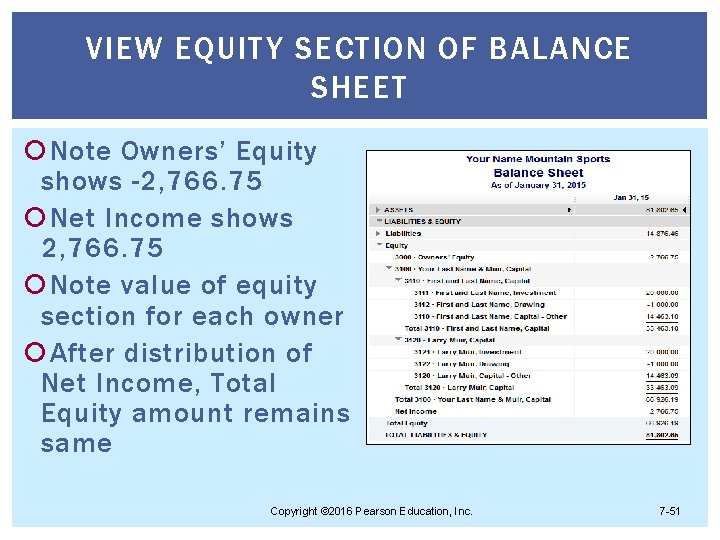 VIEW EQUITY SECTION OF BALANCE SHEET Note Owners’ Equity shows -2, 766. 75 Net