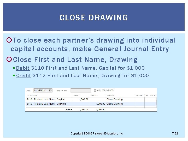 CLOSE DRAWING To close each partner’s drawing into individual capital accounts, make General Journal