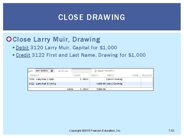 CLOSE DRAWING Close Larry Muir, Drawing § Debit 3120 Larry Muir, Capital for $1,