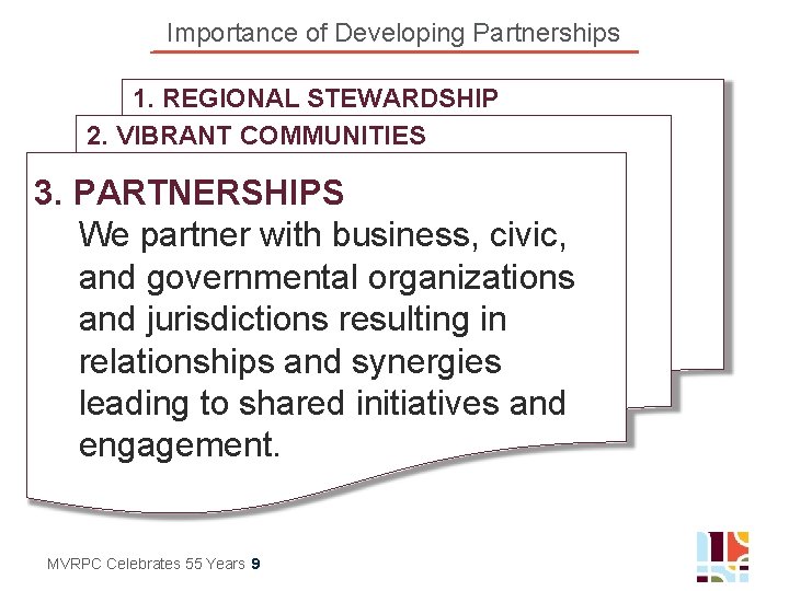 Importance of Developing Partnerships 1. REGIONAL STEWARDSHIP 2. VIBRANT COMMUNITIES 3. PARTNERSHIPS We partner