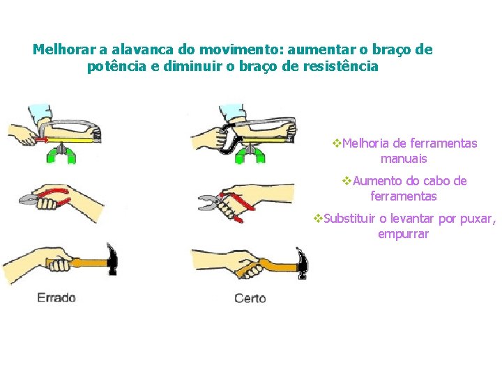 Melhorar a alavanca do movimento: aumentar o braço de potência e diminuir o braço